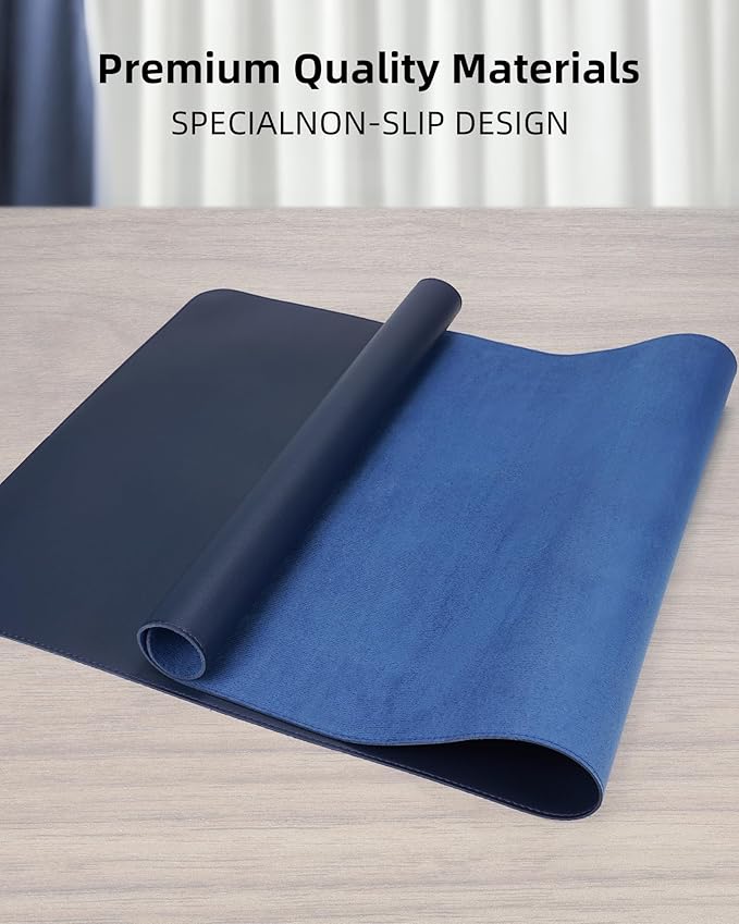 AFIING Leather Desk Protector, 55"x17" - Premium Office Mat, Large Mouse Pad, Non-Slip Blotter, Waterproof Writing Pad - Midnight Blue
