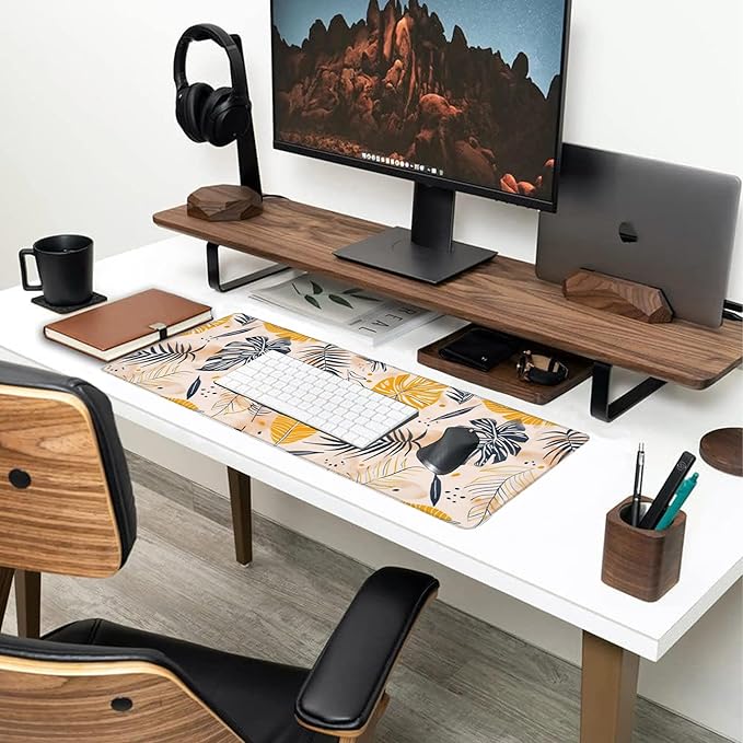 Desk Mat, Boho Palm Leaves Large Gaming Mouse Pad for Desk XL,Boho Tropical Leaves Desk Pad,Extended Big Computer Keyboard Mouse Pad with Non-Slip Base and Stitched Edge 31.5"x11.8"