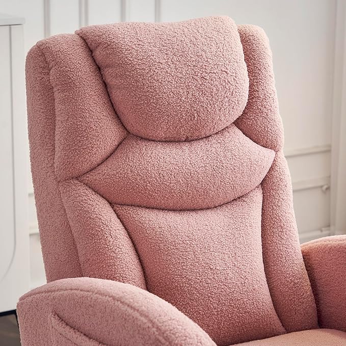 Comfy Rocking Chair Nursery Glider, Upholstered Nursery Chair with Foot Rest, Modern Rocker Chair with Pocket, Accent Armchair with Smooth Rocking Base for Nursing, Reading, Relaxing (Pink Teddy)