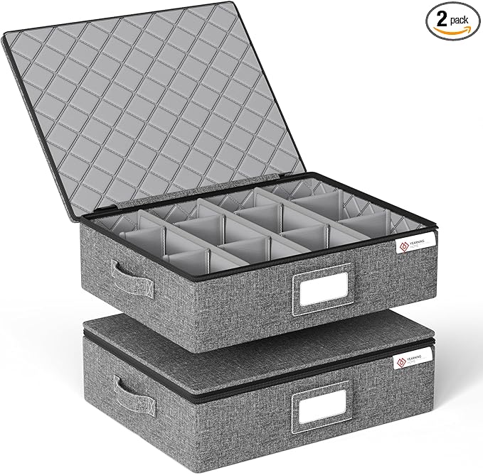 YearningHome Cup and Mug Storage Box with Hard Shell and Dividers for Coffee Mugs,Tea Cups and Glasses,Stackable Storage Organizers with Lid,Handles,Zips and Lable for Moving,Holds 12,2 Pack, Grey
