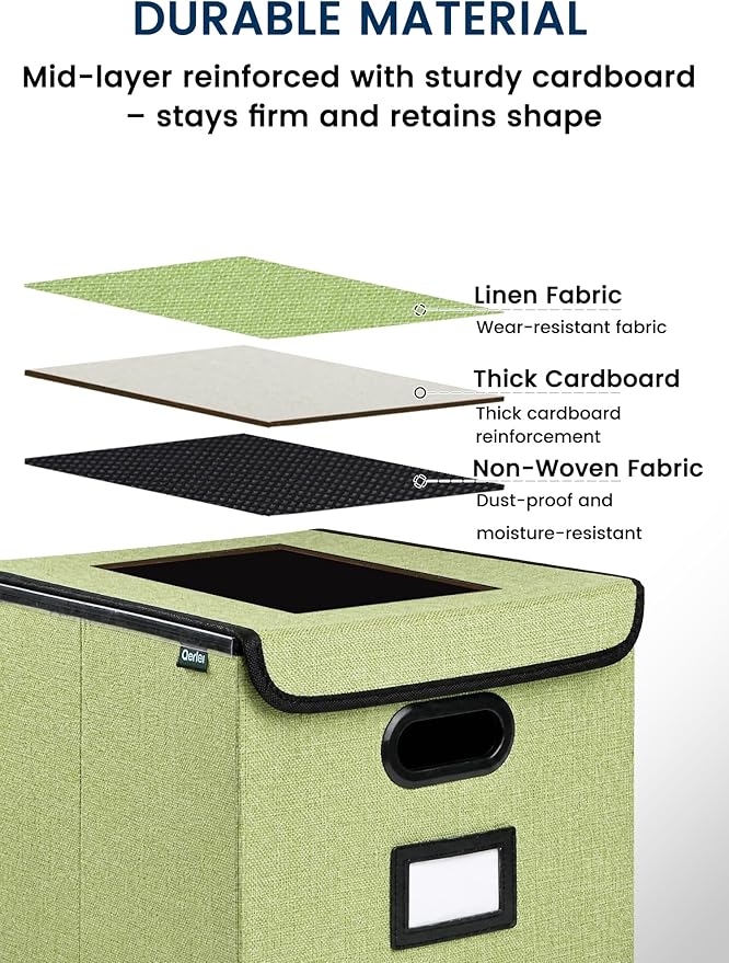 Qerlei File Organizer Boxes with Lids,Collapsible File Folder Organizer with Plastic Slide,Collapsible Filing & Storage Boxes for Office/Decor/Home (Green, 2 Pack)