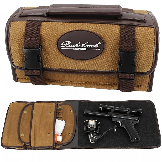 Rush Creek Creations 29" x 10" Portable Gun Cleaning Mat for Pistols and Handguns, Heavy-Duty Shooting/Pistol Cleaning Mat with Waxed Canvas and Soft Wool Interior, Brown