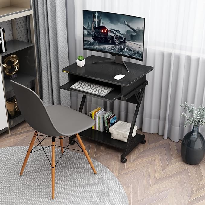 ALISENED 2 Tier Computer Desk with Keyboard Tray, 23.6" Home Office Desk Computer Workstation Rolling Study PC Laptop Table for Small Spaces,Z-Shaped Small Compact Study Table