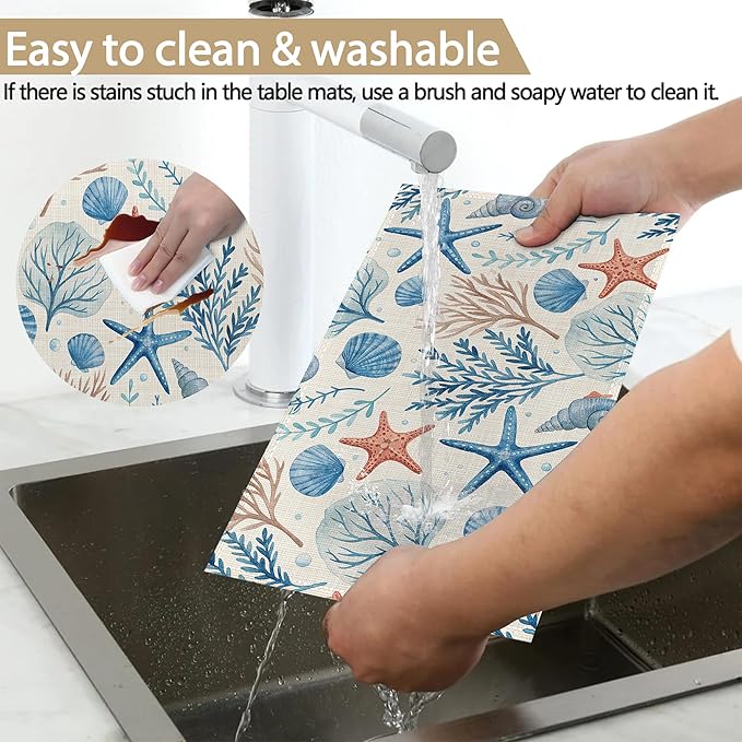 Watercolor Shell Starfish Table Placemats Set of 6, Linen Placemats 12x18 Inch, Washable Non Slip Heat Resistant Mats for Dining Table Kitchen Indoor Use