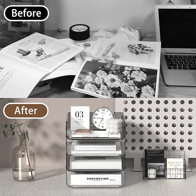 FANXIYQ 4-Tier Acrylic Paper Tray Organizer | Clear Stackable Desk Organizer for Documents, Letters, A4 Paper | Modern Office/Classroom/Home Organization,Clear&Brown