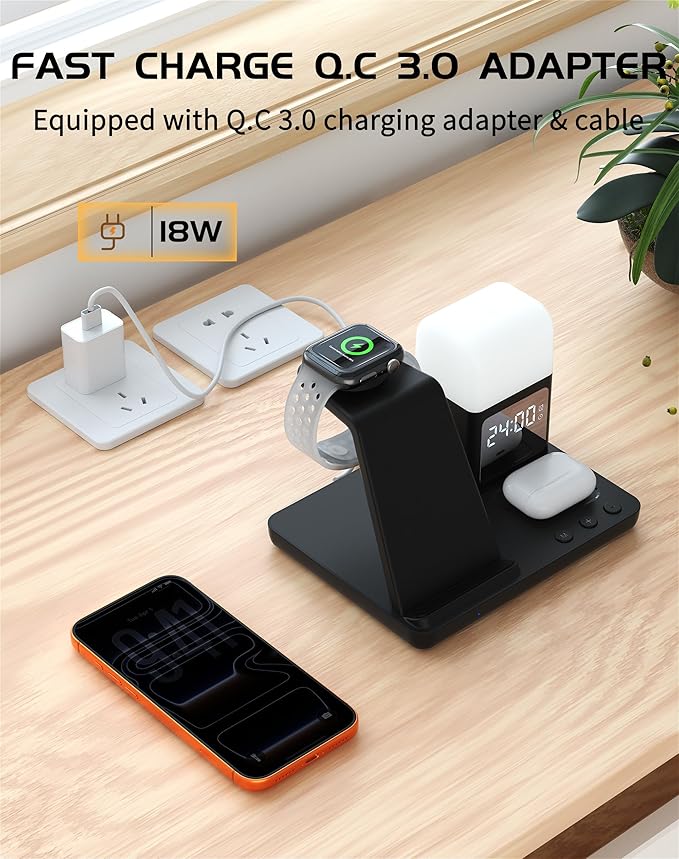 Wireless Charger for iPhone, 6in1 Fast Phone Charger Stand Dock Alarm Clock Night Light, Wireless Charging Station for Apple Watch, for Airpods 3/2/Pro, for iPhone 17/1615/14/13/12/11/Pro/Max (Black)