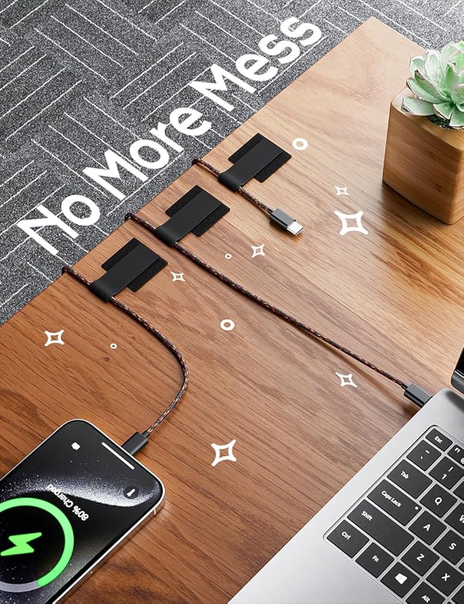 Adhesive Wire Management, 100pcs Hook and Loop Cable Ties, Adjustable Cable Straps, Sticky-Back Cord Organizer for Kitchen Appliances at Office, Home - Black
