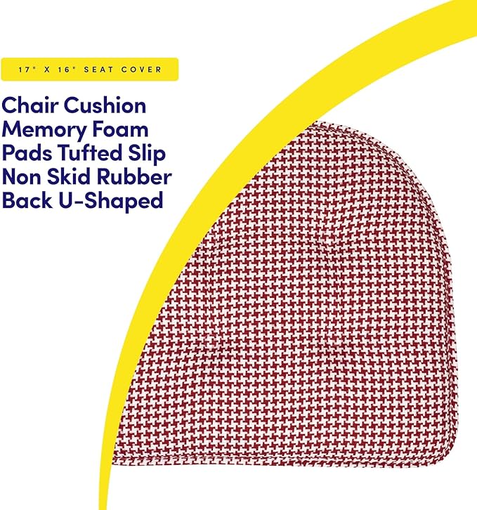 Sweet Home Collection Chair Cushion Memory Foam Pads Tufted Slip Non Skid Rubber Back U-Shaped 17" x 16" Seat Cover, 2 Count (Pack of 1), Houndsooth Red