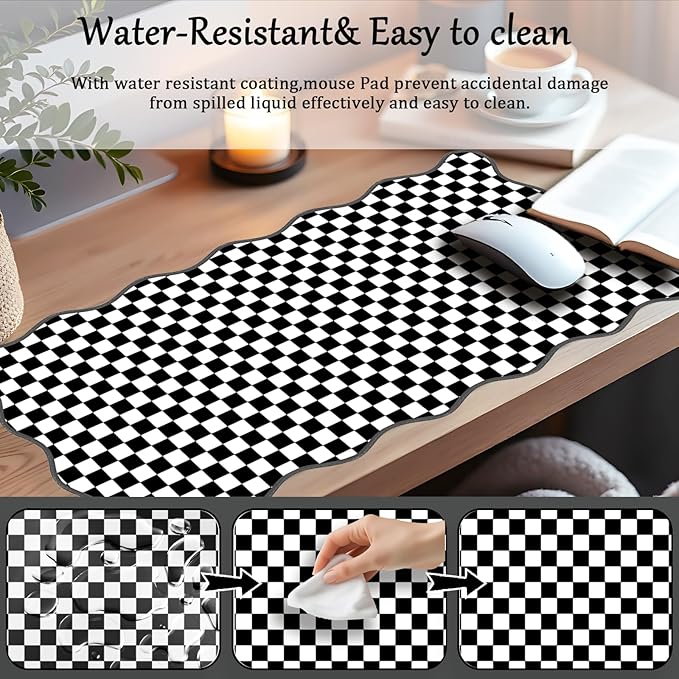 Scalloped Desk Mat Black and White Extended Large Mouse Pad Cute Desk Pad XXL Aesthetic Plaid Mousepad Checkered Gaming Mouse Pad for Keyboard Computer Laptop Office Accessories Girl 31.5X15.7Inch