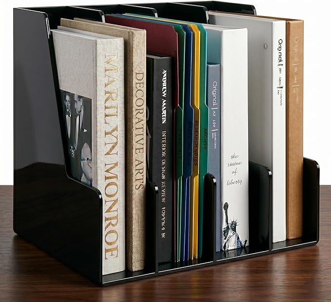 Vertical Magazine File Holder, Black File Organizer Desk Organizer and Storage Bins Holding for Magazines, Binders, Notebooks, Envelopes, Plastic Office Organization and Storage for Desk, 4 pack