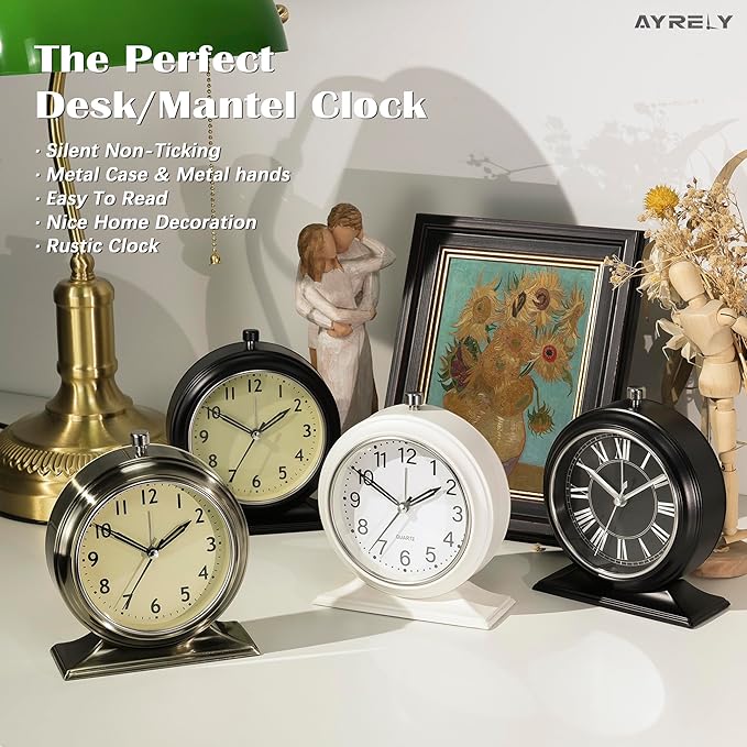 AYRELY® 4-inch Battery Operated Alarm Clock Silent Analog Desk Clocks with Light Vintage Metal Table Clock for Living Room Shelf Bedside Home Decor (White)