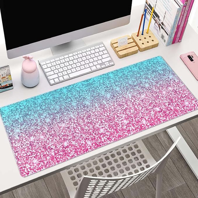 Pink Glitter Pattern Mouse Pad (31.5 × 11.8 × 0.12 inch) Extended Large Mouse Mat Desk Pad, Stitched Edges Mousepad,Non-Slip Rubber Base,Gaming Mouse Pad XL