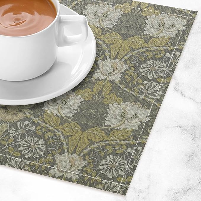 William Morris Floral Placemats Vintage Flower Art Style Boho Chic Retro Floral Linen Washable Table Mats Stain Heat-Resistant Desktop Decor Place Mats for Home Kitchen Dining Party 12x18 in 6 Pcs