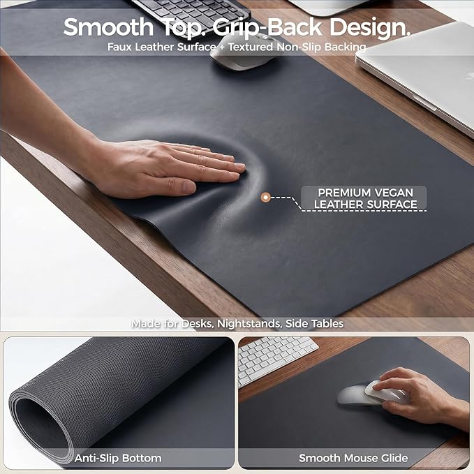 1.6mm Thick Leather 14x36 Inch Non-Slip Mat, Waterproof Countertop Protector, Coffee Machine Mat/Dresser Top Protector, Obsidian Black