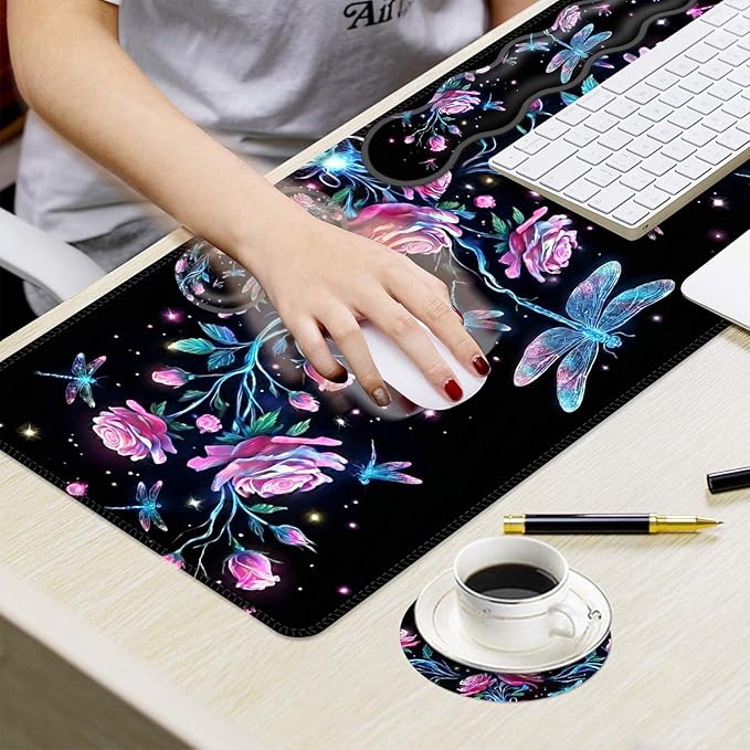 Ergonomic Mouse Pad Set with Wrist Support for Keyboard and Wrist Rest for Mouse, Memory Foam Comfort, Non-Slip Large Desk Mat for Home Office Pain Relief,Rose Dragonfly