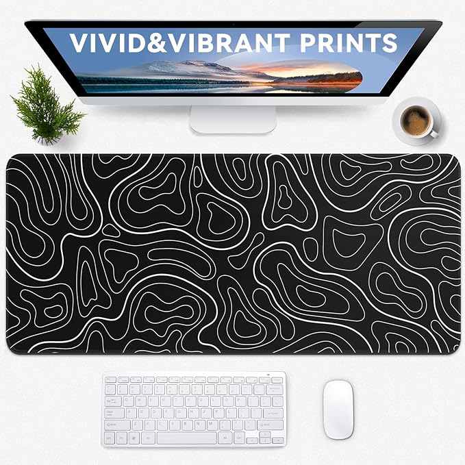 Gaming Mouse Pad Big Mousepad with Non-Slip Rubber Base, 31.5 x 11.8 in XL Large Desk Mat for Gaming Home Office, Long Keyboard Pad Mouse Mat for Computer with Stitched Edges, Black Topographic