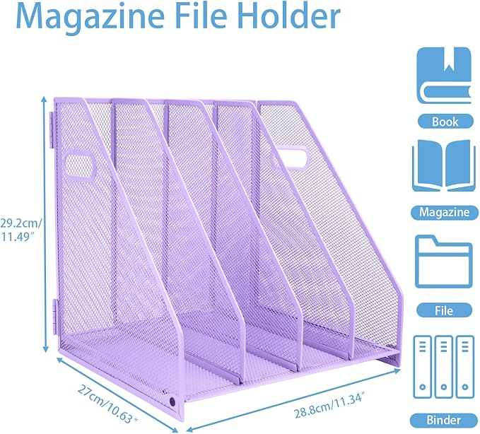 Desk Organizers Metal Magazine File Holder Racks Desktop Folder Storage Binder Organiser Document Organization for Home Office & Classroom,4 Vertical Compartments-Purple