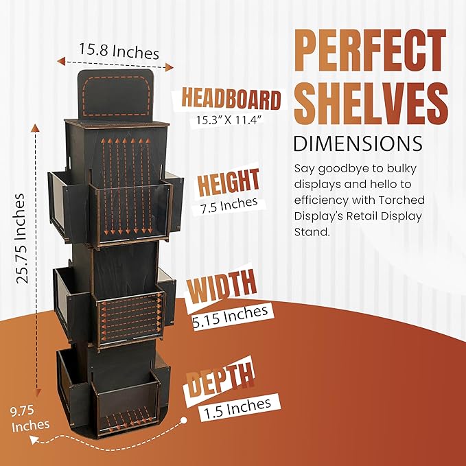 Rotating Greeting Card Display Stand, 3 Tier Wooden Organizer, 4-Sided Display Rack 360 Degree Spinning Multi-Pocket Display for Coasters, Stickers, Retail, Showcase, Tradeshow (Ebony)