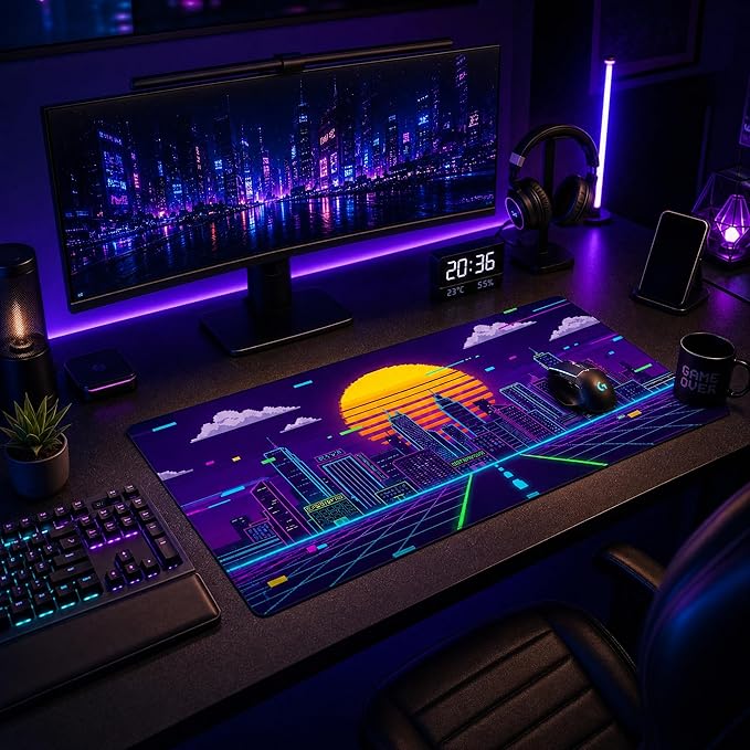 AQQA XL Gaming Mouse Pad - Retro Synthwave Pixel Art Desk Mat, Cyberpunk Neon City Sunset Design,Large Extended Mousepad with Stitched Edges,Non-Slip Rubber Base for Gamers,Home Office & Studio Decor
