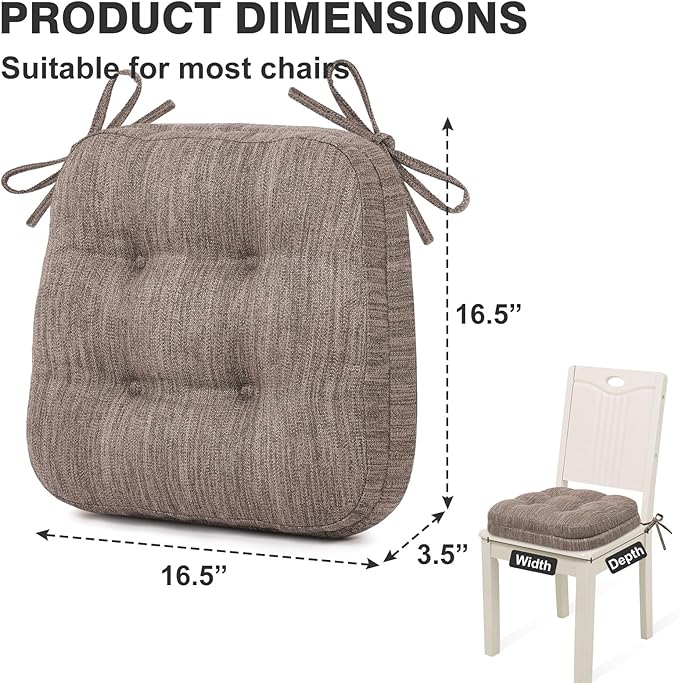 Shinnwa Kitchen Chair Cushions Set of 4, Dual-Layer Memory Foam Dining Chair Cushions, Patented Design Seat Pads with Ties, 16.5 x 16.5 x 3.5in, 4 Pack, Light Brown