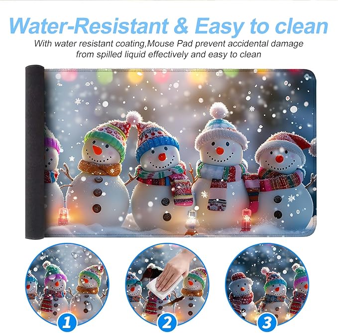 Snowman Christmas Mouse Pad XXL – Large Holiday Desk Mat with Cute Snowmen & Lights, Extended Non-Slip Mousepad for Office, Gift, Winter Decorations,31.5 x 11.8 in