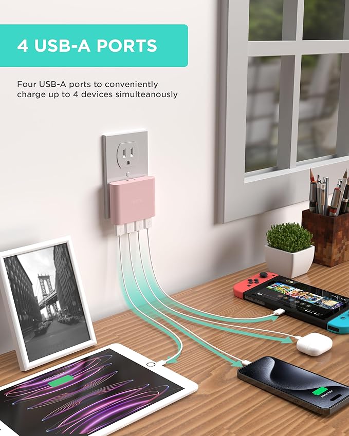 iHome Slim 4-Port USB Wall Charger, AC Pro Multiport Plug Adapter, Phone Charging Block with 4 Ports, Flat USB Wall Adapter for Home & Travel