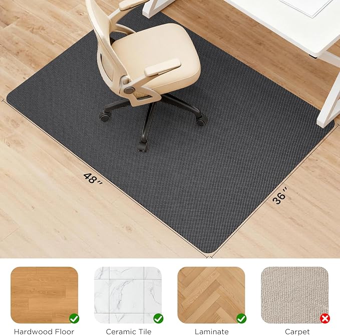 Sycoodeal Office Chair Mat for Hardwood & Tile Floor, 36" x 48" Computer Gaming Chair Mat for Rolling Chairs Non-Curve, Anti-Slip, Heavy Duty Floor Protector for Home Office (Dark Grey)