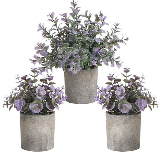 3 Pack Mini Purple Potted Fake Plants Artificial Plastic Indoor Eucalyptus Plants for Home, Office, Desk, Bathroom, Coffee Table & Shelf