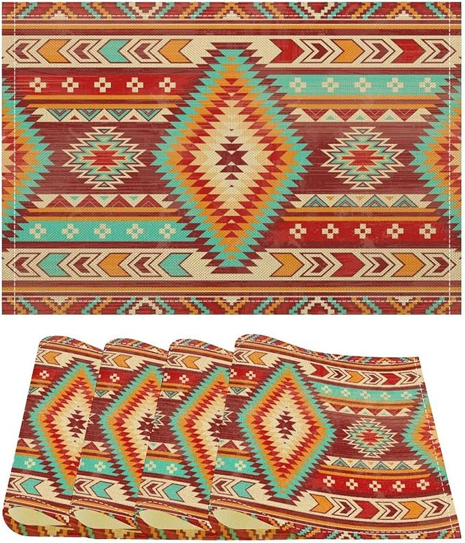 Vintage Aztec Southwest Placemats Ethnic Style Design Boho Geometric Pattern Linen Washable Table Mats Stain Heat-Resistant Desktop Decor Place Mats for Home Kitchen Dining Party 12x18 in 6 Pcs