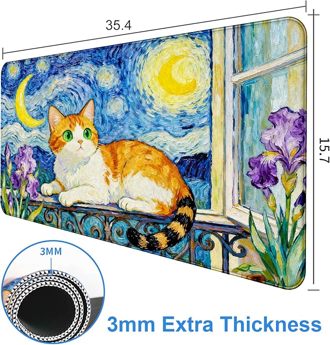 Cute Anime Cat Desk Pad Cartoon Watercolor Cat Mouse Pad XXL Large Game Mouse Pad Women's Office Decoration Laptop Keyboard Pad Computer Pad 35.4X15.7 Inches