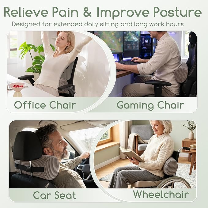 HIGOGOGO Lumbar Roll Lumbar Support Pillow for Office Chairs, Cars, and Gaming Chairs, Back Cushion with Washable Cover & Adjustable Strap to Relieve Back Pain and Improve Posture, 11"x6"x5", Grey