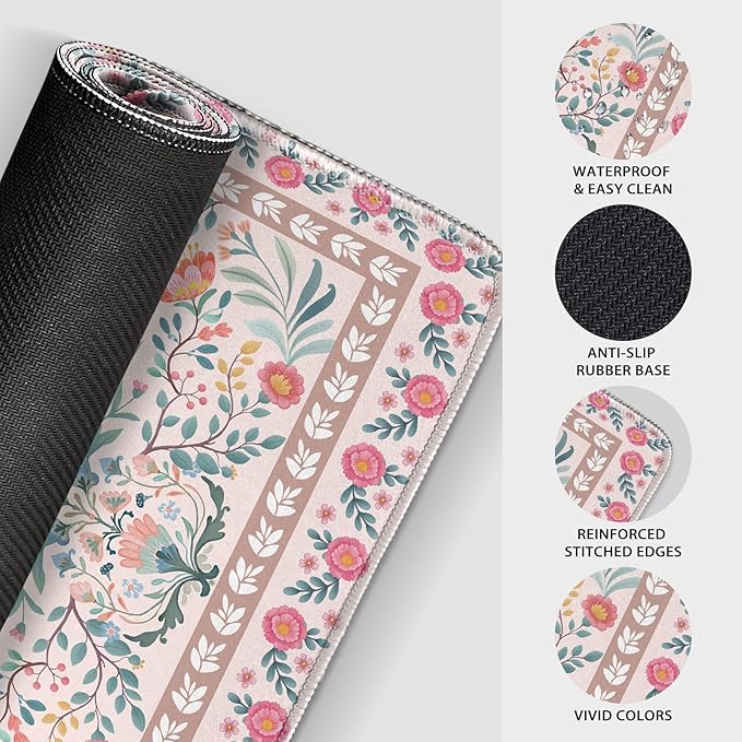 Pink Floral Desk Mat 31.5"x15.7", Extra Large Mouse Pad with Non-Slip Rubber Base, Waterproof Desk Blotter with Stitched Edges, Smooth Computer Mat for Home Office Desk