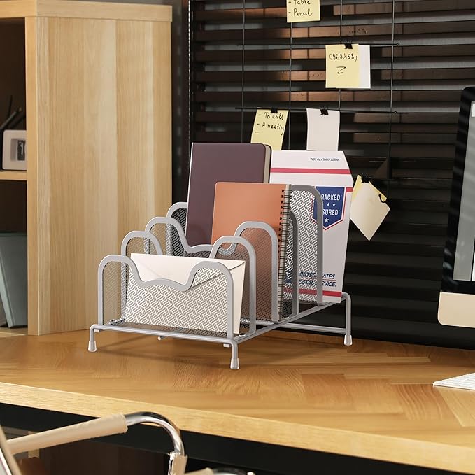 Simple Houseware Desk 5 Sections Step File Sorter Organizer, Silver
