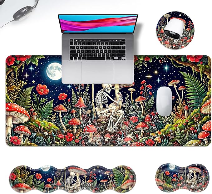 Ergonomic Mouse Pad Set with Wrist Support for Keyboard and Wrist Rest for Mouse, Memory Foam Comfort, Non-Slip Large Desk Mat for Home Office Pain Relief,Mushroom Skull Men Moon