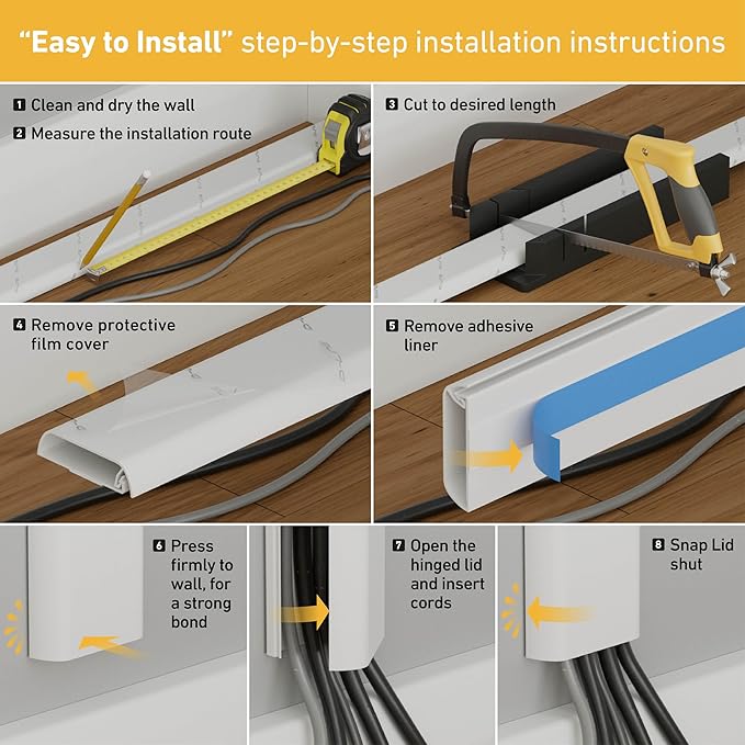 D-Line TV Wall Mount Cord Hider, Hide Mounted TV Cables, Wire Covers, Self Adhesive Cover for Cords, Paintable, Low Profile, Seamless Cable Raceway - 2X 2.36in W x 0.59in H x 15.7in L - White