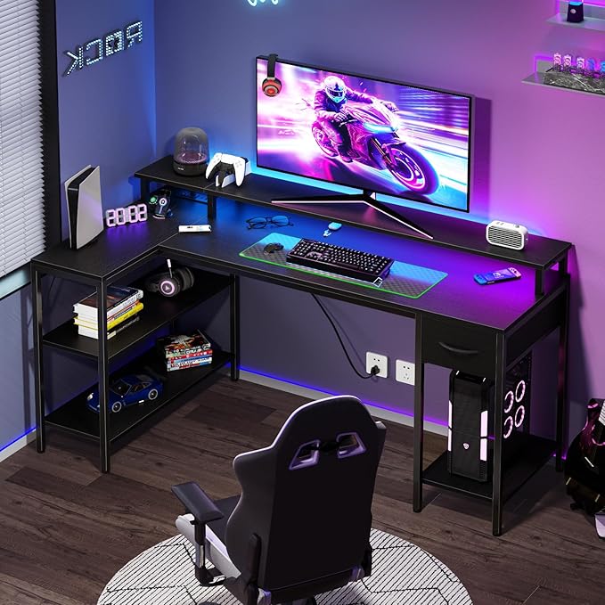DUMOS 53” Gaming Desk with USB Charging Ports & LED Lights, Reversible L Shaped Desks Computer Corner Gamer Table with Power Outlets Monitor Stand Storage Shelves for Home Office Small Space, Black