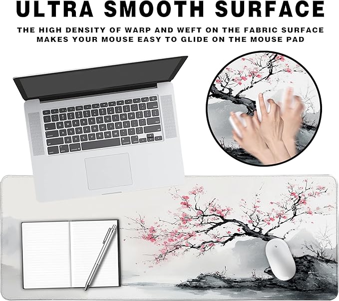 Long Gaming Mouse Pad Extended Anime Large Desk Pad with Non-Slip Base Full Keyboard Mat with Stitched Edges for Gaming and Office 31.5 x 11.8 inches (White Cherry Blossom)
