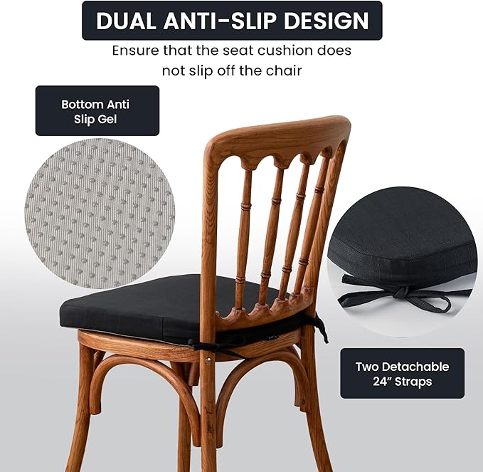 Battilo Chair Cushions for Dining Chairs with Ties, Indoor/Outdoor Kitchen Chair Pad with Non-Slip Backing, Dining Seat Cushion with Machine Washable Removable Cover, 16"x16"x2", Set of 2, Black
