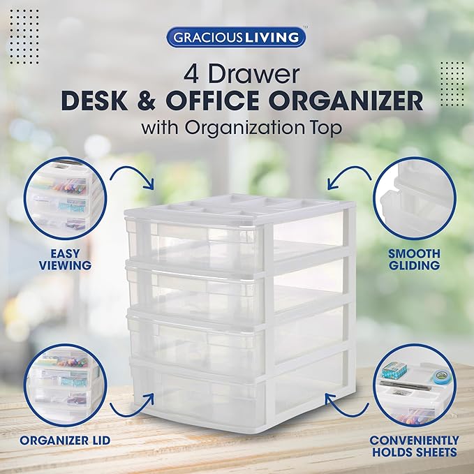 Gracious Living 4 Drawer Desktop & Countertop Organizer w/Organization Lid for Craft Storage, Office Supplies & School Supplies, White/Clear (4 Pack)