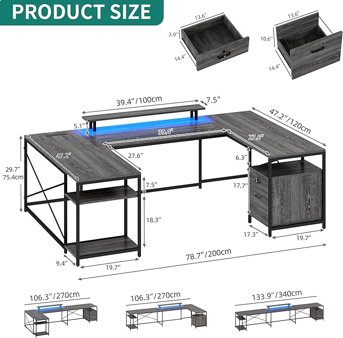 YITAHOME U Shaped Desk with Power Outlets & LED Lights, 79" Reversible L Shaped Desk with Drawers, Corner Computer Desk Office Desk with Monitor Stand & Storage Shelves, Grey
