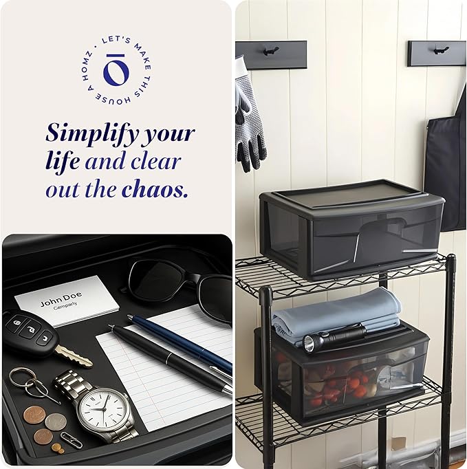 HOMZ 2-Pack 1-Drawer Storage Cart, Plastic Container with Smoke Tint, 15" Wide Body, Black Frame - Organizing Drawer Containers for Home, Bathroom, Bedroom, Office, and Classroom