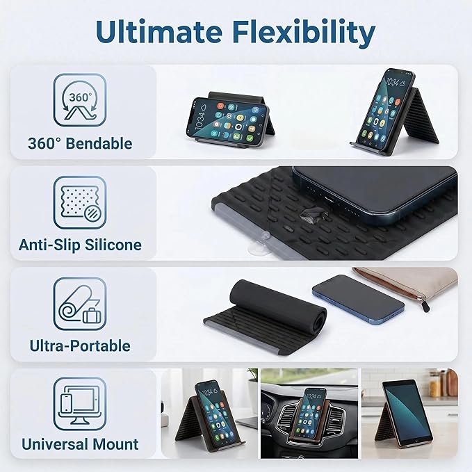 2026 New Flexible Silicone Phone Holder, 360° Bendable Aluminum Core Stand, Portable Foldable Anti-Slip Universal Mount for Phone Tablet Laptop, Ideal for Travel Office Desktop Home (Black)