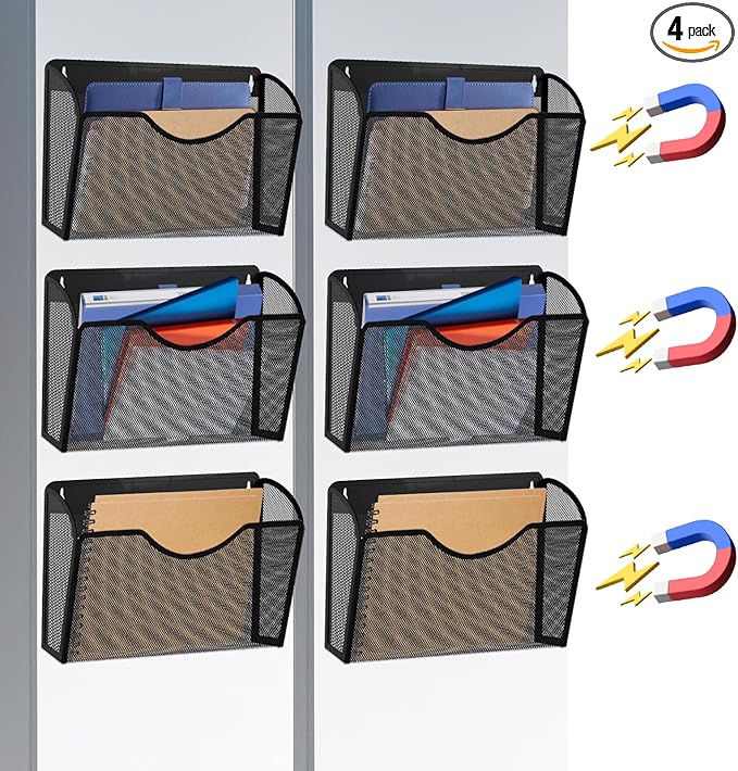 Magnetic File Holder 6 Pockets File Folder Organizer, Office Hanging Magazine Rack for File Cabinets, Magnetic Paper Holder, No Drilling Mail Organizer for Refrigerator, Office