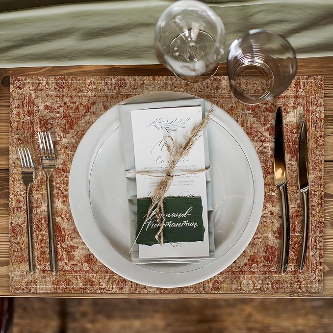 Boho Style Red Placemats Set of 4,Vintage Elegant Farmhouse Table Center Linen Decor,12x18 Inch Country Rustic Farmhouse Magical Fall Table Mats for Party Kitchen Dining Decoration