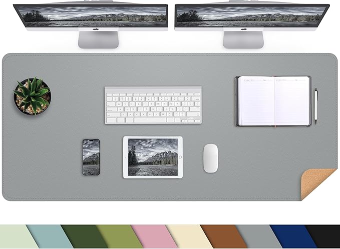 AFIING Cork Desk Mat 47" x 17", Dual-Sided Natural Cork & PU Leather Desk Pad, Non-Slip Waterproof Large Mouse Pad for Office, Home & Gaming (Light Grey)