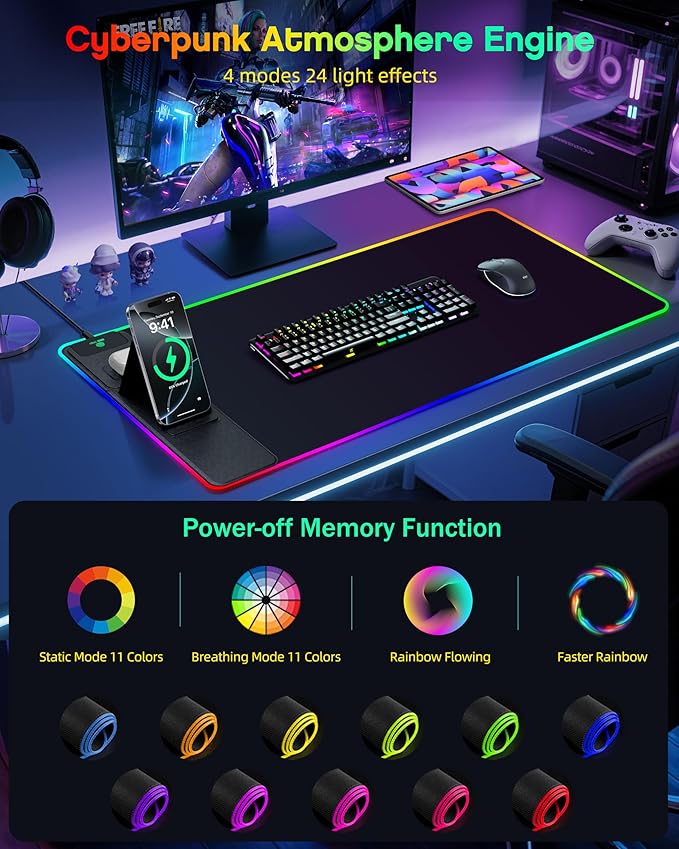 4-in-1 RGB Gaming Mouse Pad with Wireless Charging & Phone Stand, 31.5"x15.8" Large, 24 Light Effects, Non-Slip Base, Waterproof Ultra-Smooth Surface, with Adatper, No Adatper