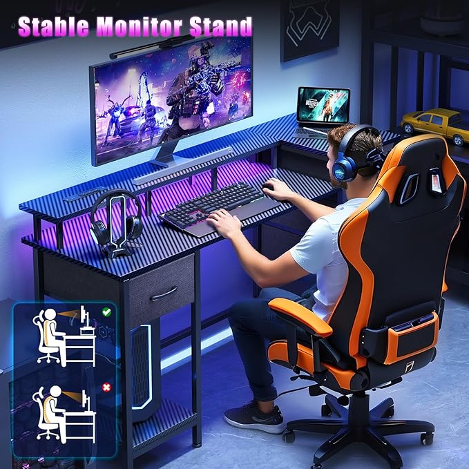 Korfile 47 Inch Computer Gaming Desk with Power Outlets & LED Lights Reversible Home Office Desk with Adjustable 5 Fabric Storage Drawers for Working Writing Study, Carbon Fiber Black