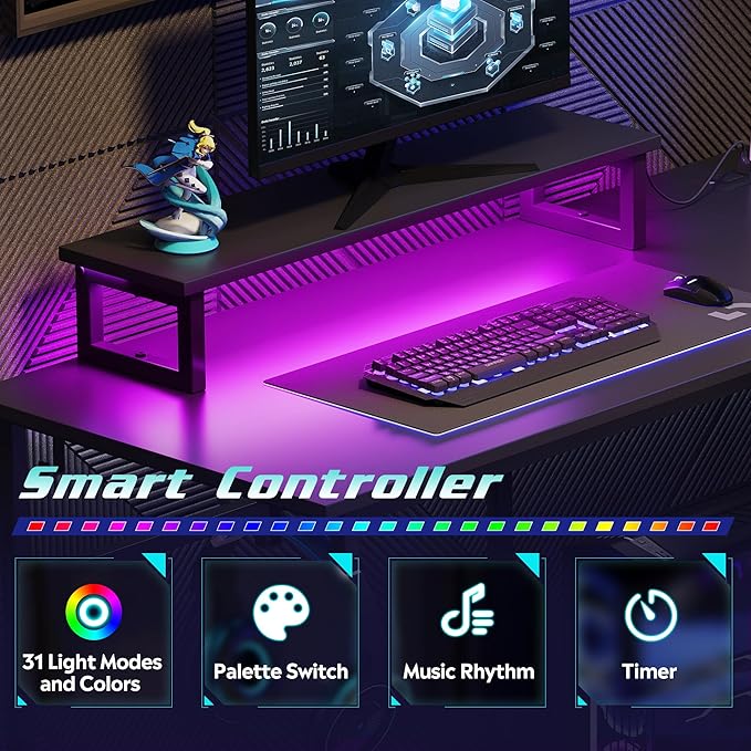 DEVAISE 47" L Shaped Gaming Desk with LED Lights and Power Outlets - Spacious Corner Computer Table with Monitor Stand and Storage Shelves for Work and Gaming, Black