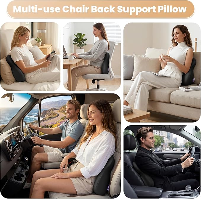 ZZ-WELL Lumbar Support Pillow - Back Support Pillow for Office Work Chair - Memory Foam Chair Back Cushion for Mid Lumbar Back Pain, Posture Improved - Adjustable Straps, Breathable Cover (Black)