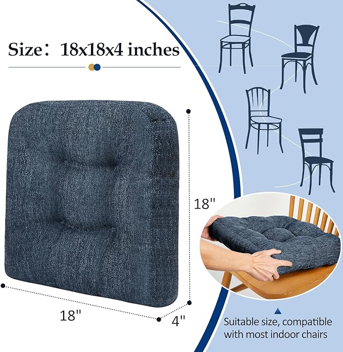 downluxe Chair Cushions for Dining Chairs 2 Pack, Tufted Indoor Chair Pads with Non-Slip Bottom, U-Shaped Kitchen Chair Cushions, 18"x18"x4", Navy